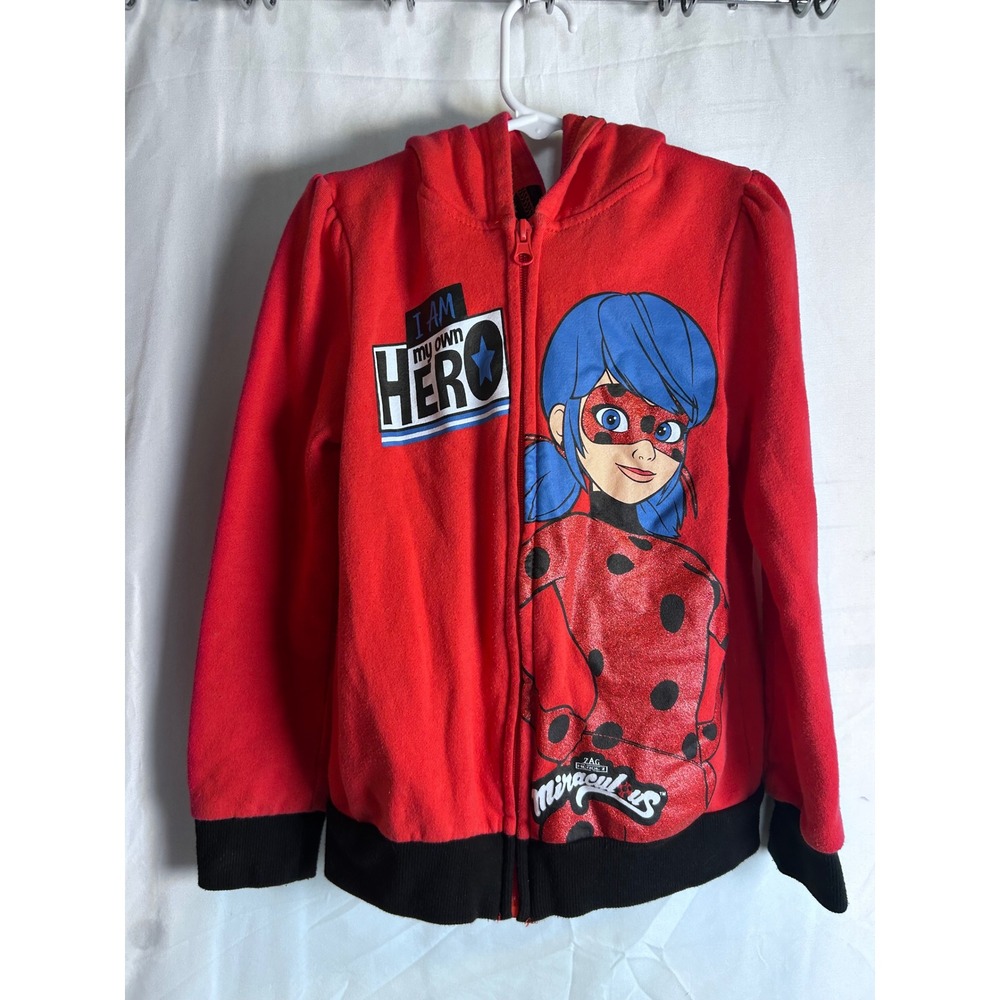 Miraculous Ladybug Zip Up Hoodie 7/8 Red Glitter Hero Graphic Girls